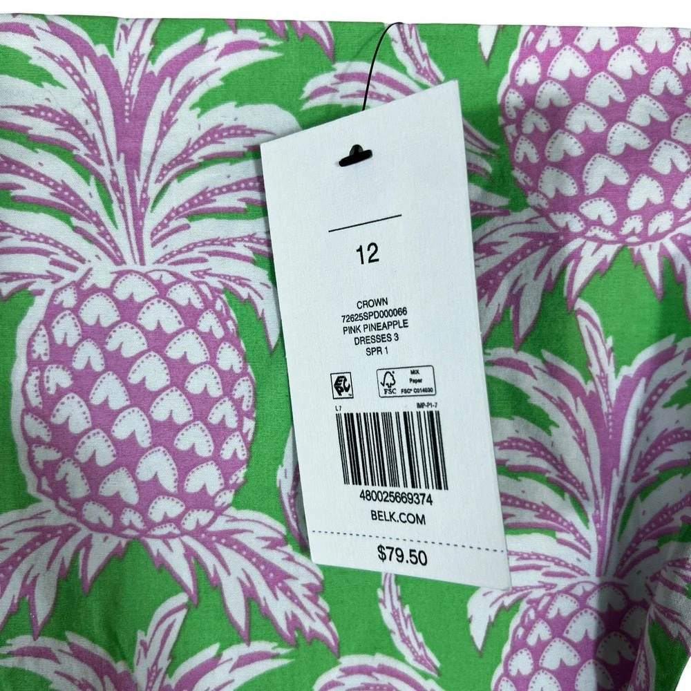 NWT Crown & Ivy Pink Pineapple Mini Dress Green Tropical Puff Sleeve Size 12 - Picture 5 of 7